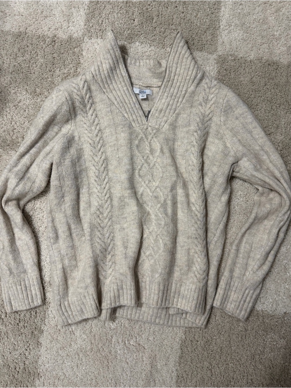 Croft & Barrow Cable Knit Quarter Zip Sweater Size Large Oatmeal Shawl Collar